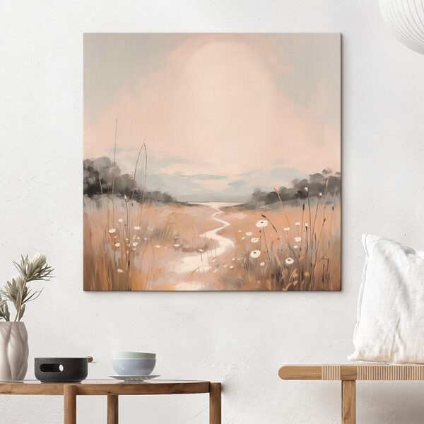 Schilderij van een rivier door een veld Schilderij van een rivier door een veld