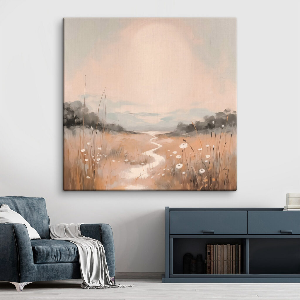 Painting of a river running through a field