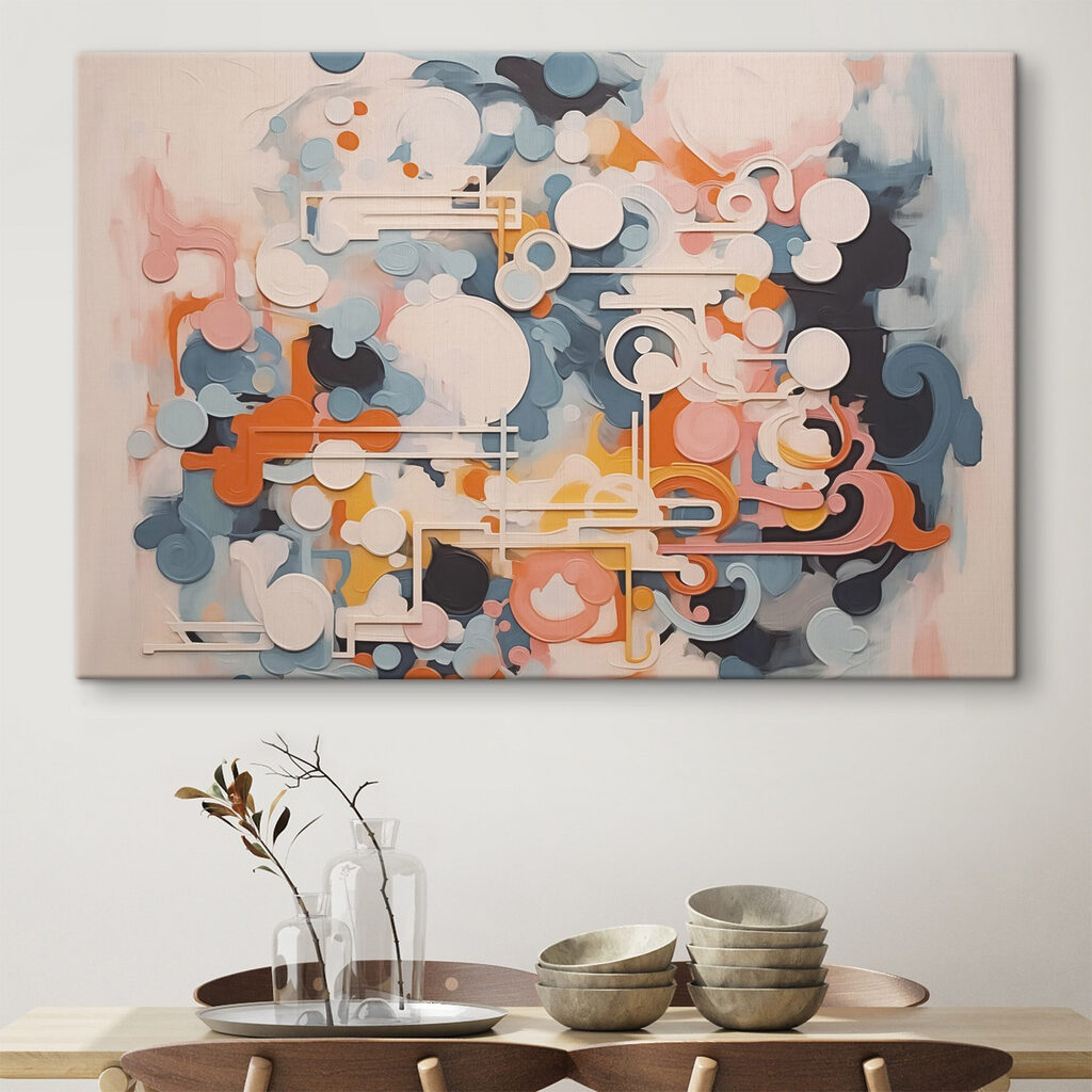 Colorful art piece with white lines and circles