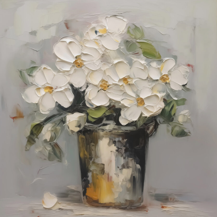Schilderij van bloemen in een emmer