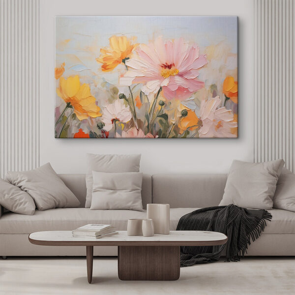 Schilderij van bloemen op een blauwe achtergrond Schilderij van bloemen op een blauwe achtergrond