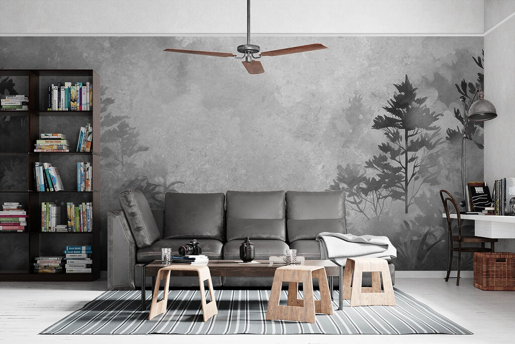 Black and white image of trees and bushes