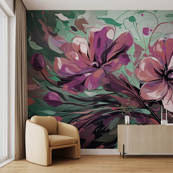 Schilderij van bloemen op een groene achtergrond Schilderij van bloemen op een groene achtergrond