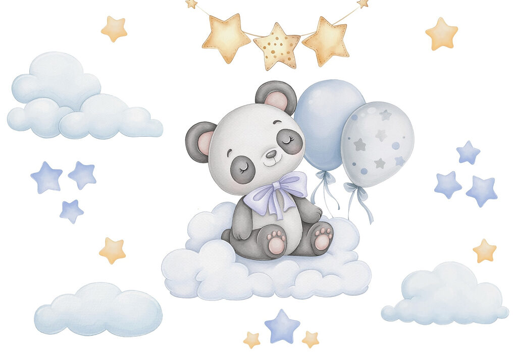 Cartoon panda zittend op een wolk met ballonnen Cartoon panda zittend op een wolk met ballonnen