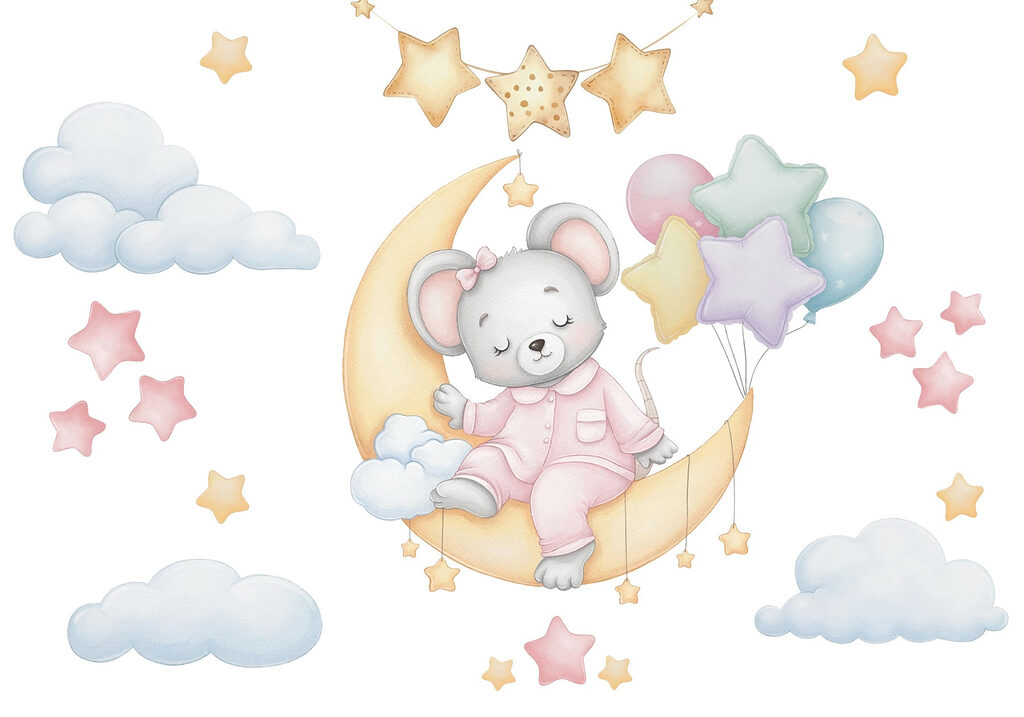 Muis zittend op de maan met ballonnen Muis zittend op de maan met ballonnen