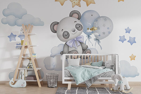 Cartoon panda zittend op een wolk met ballonnen Cartoon panda zittend op een wolk met ballonnen