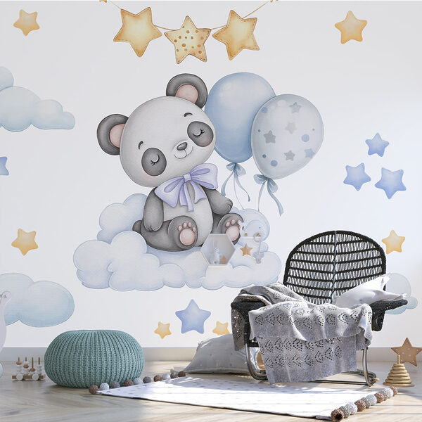 Cartoon panda zittend op een wolk met ballonnen Cartoon panda zittend op een wolk met ballonnen