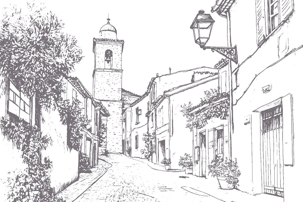 Tekening van een straat met gebouwen en een klokkentoren Tekening van een straat met gebouwen en een klokkentoren