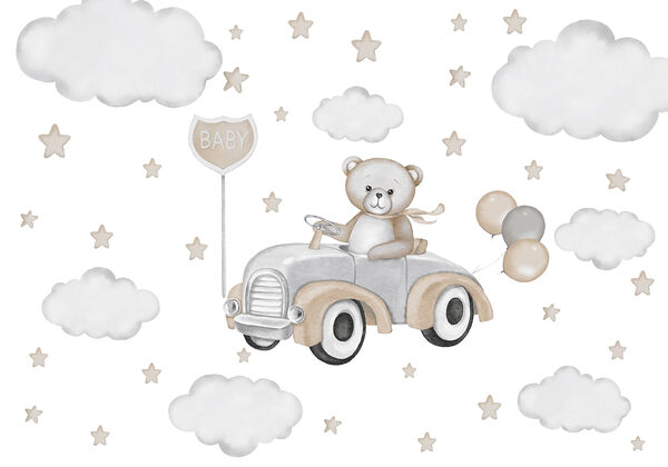 Teddybeer rijdt auto met ballonnen Teddybeer rijdt auto met ballonnen