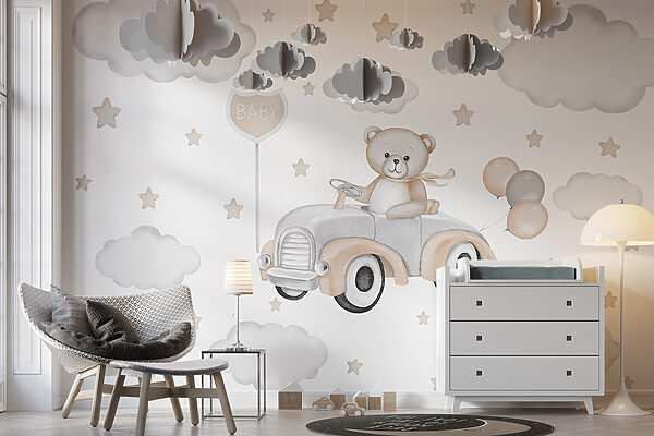 Teddybeer rijdt auto met ballonnen Teddybeer rijdt auto met ballonnen