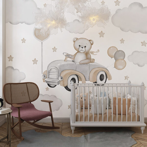 Teddybeer rijdt auto met ballonnen Teddybeer rijdt auto met ballonnen