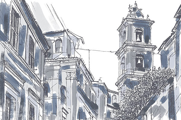 Tekening van een gebouw met klokken Tekening van een gebouw met klokken