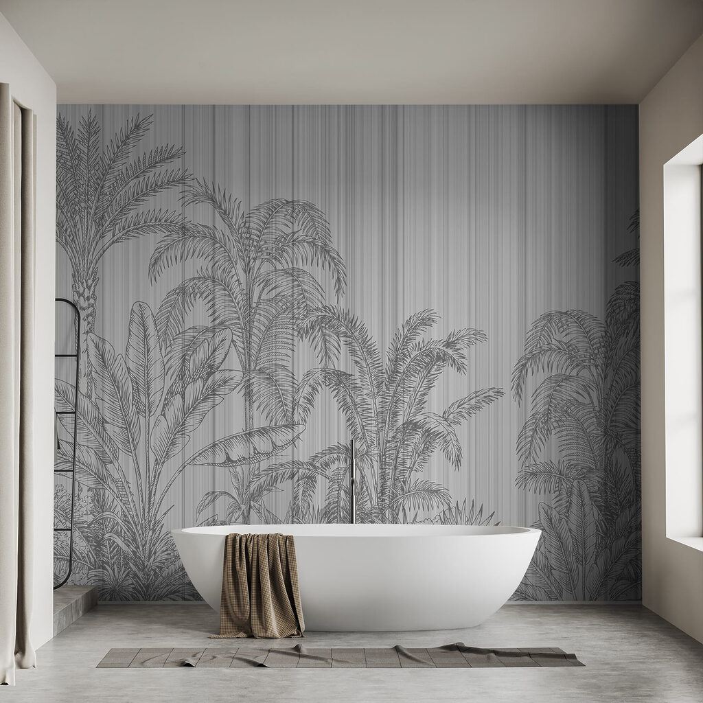 Grey and white background with palm trees