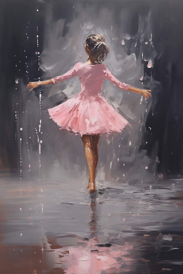 Schilderij van een meisje in een roze jurk dansend in de regen Schilderij van een meisje in een roze jurk dansend in de regen