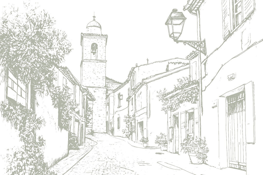 Tekening van een straat met gebouwen en een klokkentoren Tekening van een straat met gebouwen en een klokkentoren