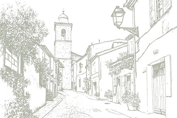 Tekening van een straat met gebouwen en een klokkentoren Tekening van een straat met gebouwen en een klokkentoren