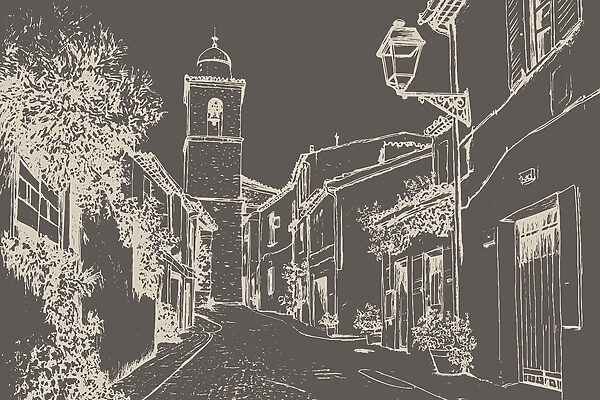 Tekening van een straat met gebouwen en een klokkentoren Tekening van een straat met gebouwen en een klokkentoren