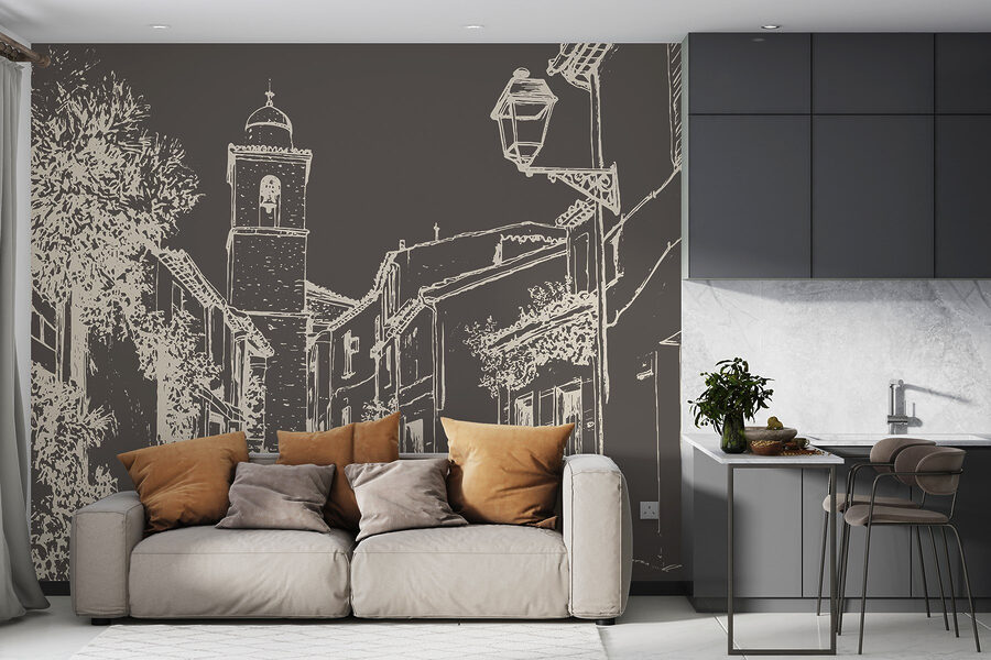 Tekening van een straat met gebouwen en een klokkentoren