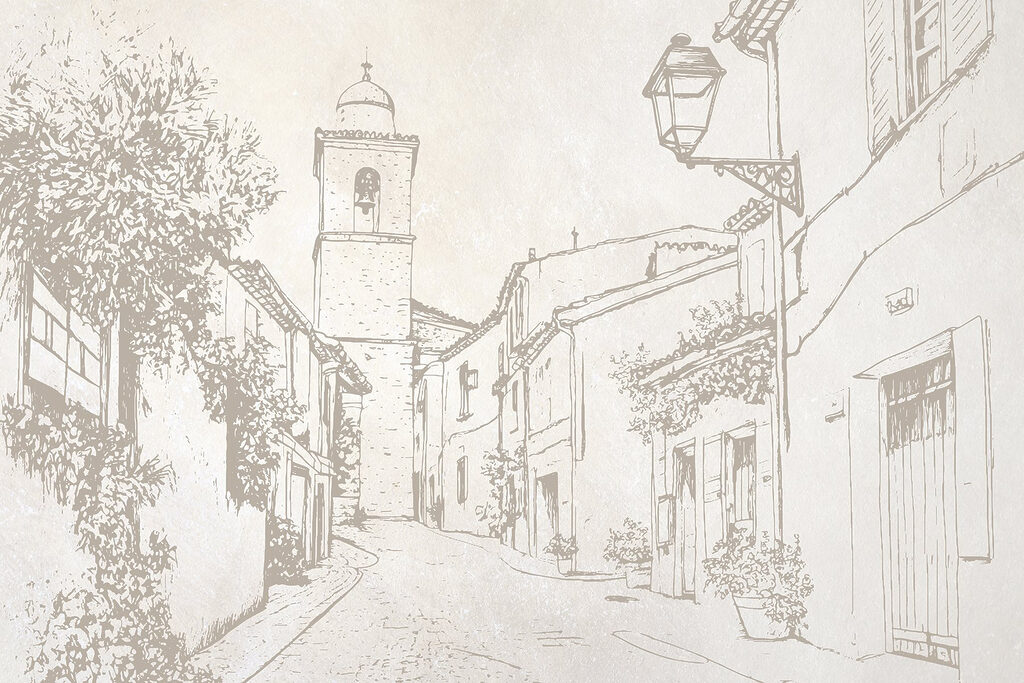 Tekening van een straat met een klokkentoren Tekening van een straat met een klokkentoren