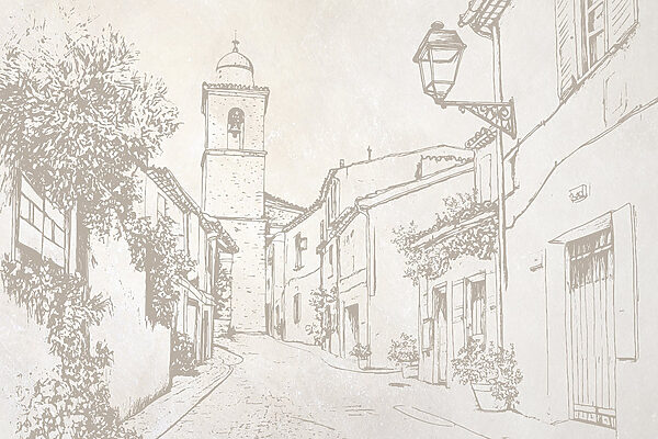 Tekening van een straat met een klokkentoren Tekening van een straat met een klokkentoren