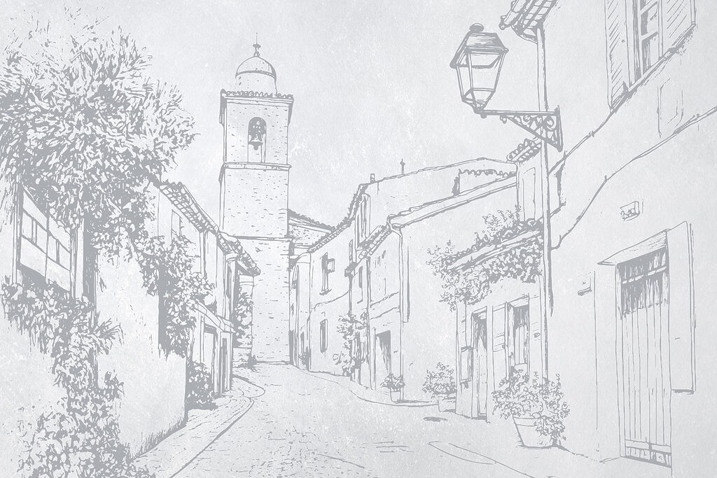 Tekening van een straat met een klokkentoren Tekening van een straat met een klokkentoren