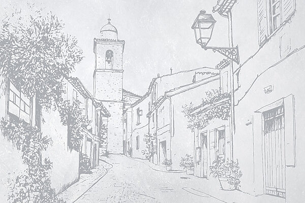 Tekening van een straat met een klokkentoren Tekening van een straat met een klokkentoren