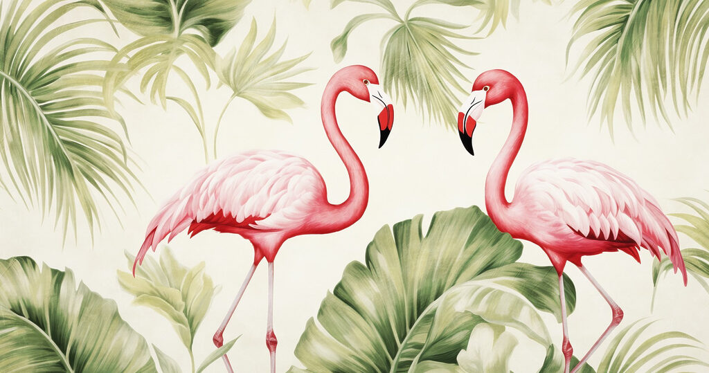 Paar roze flamingo's met groene bladeren Paar roze flamingo's met groene bladeren