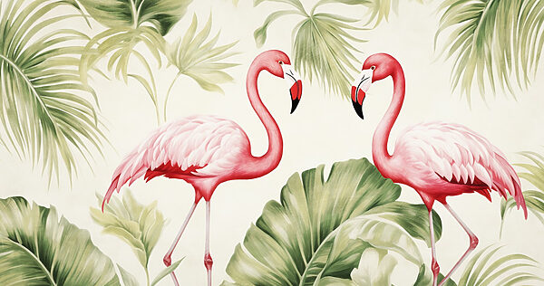 Paar roze flamingo's met groene bladeren Paar roze flamingo's met groene bladeren