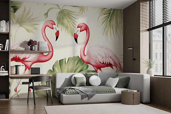 Paar roze flamingo's met groene bladeren Paar roze flamingo's met groene bladeren