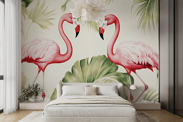 Paar roze flamingo's met groene bladeren Paar roze flamingo's met groene bladeren