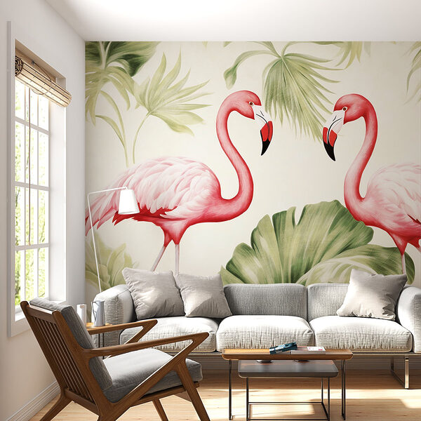 Paar roze flamingo's met groene bladeren Paar roze flamingo's met groene bladeren