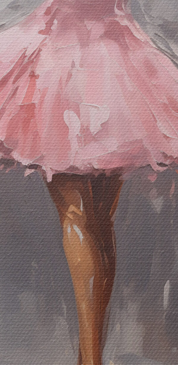 Schilderij van een meisje in een roze jurk dansend in de regen Schilderij van een meisje in een roze jurk dansend in de regen