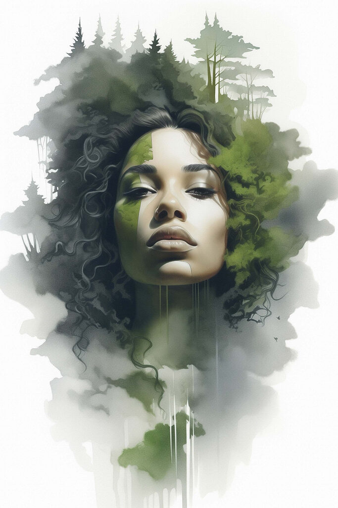 Woman with green leaves on her face