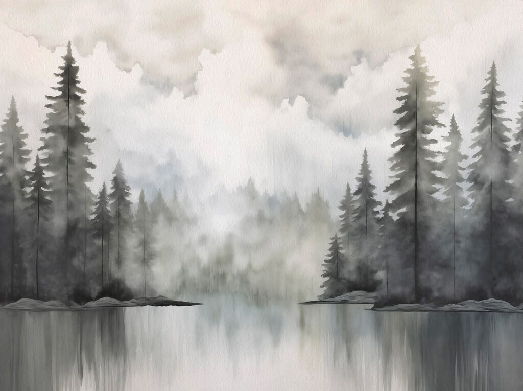 Aquarel van een bos en een meer Aquarel van een bos en een meer
