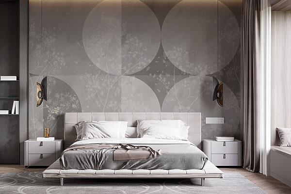 Grijze en witte achtergrond met cirkels en bloemen Grijze en witte achtergrond met cirkels en bloemen