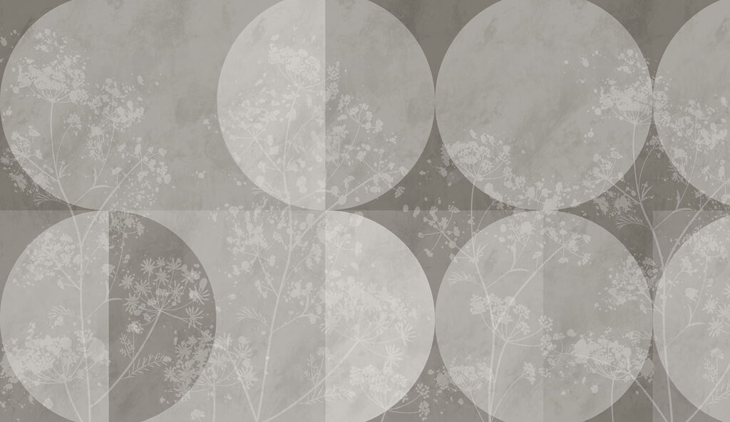 Grijs en wit behang met witte cirkels en bloemen Grijs en wit behang met witte cirkels en bloemen