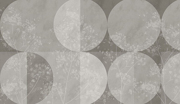 Grijs en wit behang met witte cirkels en bloemen Grijs en wit behang met witte cirkels en bloemen