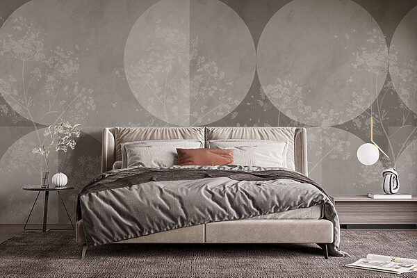 Grijs en wit behang met witte cirkels en bloemen Grijs en wit behang met witte cirkels en bloemen