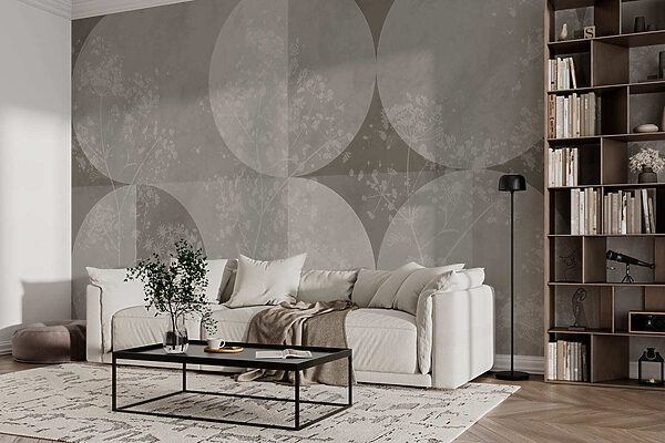 Grijs en wit behang met witte cirkels en bloemen Grijs en wit behang met witte cirkels en bloemen