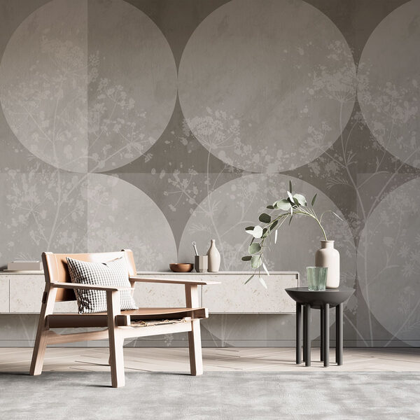 Grijs en wit behang met witte cirkels en bloemen Grijs en wit behang met witte cirkels en bloemen
