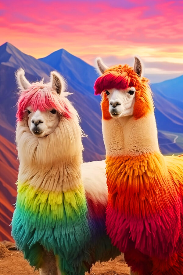 Twee lama's met regenboogkleurig haar Twee lama's met regenboogkleurig haar