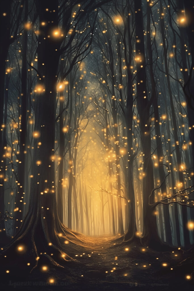 Path through a forest with many trees with lights