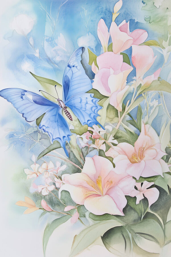 Schilderij van een vlinder op bloemen Schilderij van een vlinder op bloemen