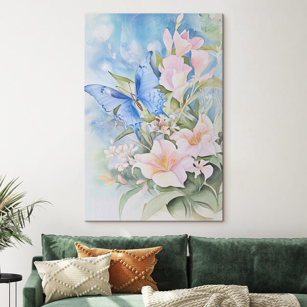 Schilderij van een vlinder op bloemen Schilderij van een vlinder op bloemen