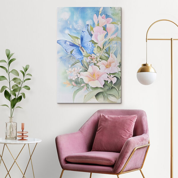Schilderij van een vlinder op bloemen Schilderij van een vlinder op bloemen