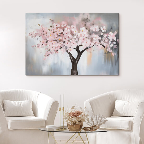 Schilderij van een boom met roze bloemen Canvas Schilderijen Schilderij van een boom met roze bloemen