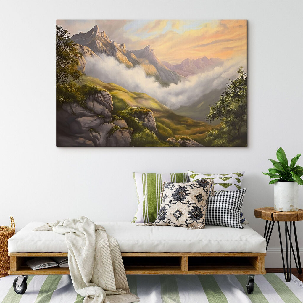 Painting of mountains and clouds