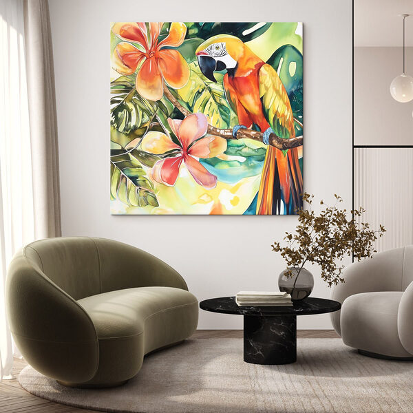 Schilderij van een papegaai op een tak met bloemen Schilderij van een papegaai op een tak met bloemen