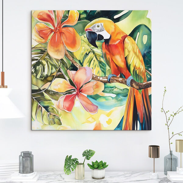 Schilderij van een papegaai op een tak met bloemen Schilderij van een papegaai op een tak met bloemen