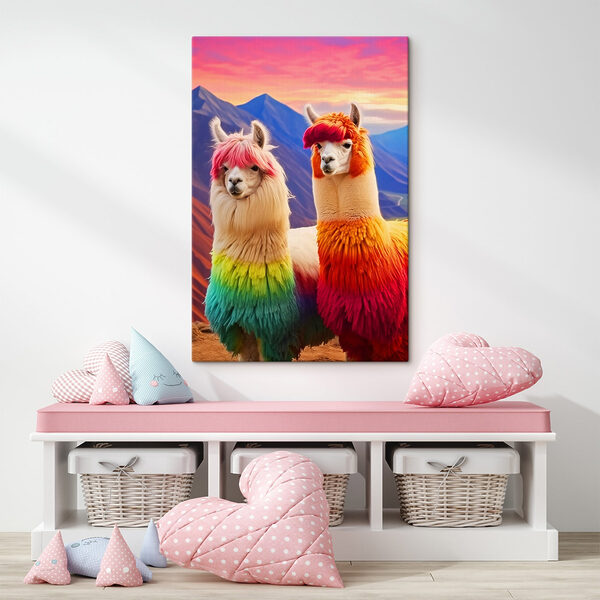 Twee lama's met regenboogkleurig haar Twee lama's met regenboogkleurig haar